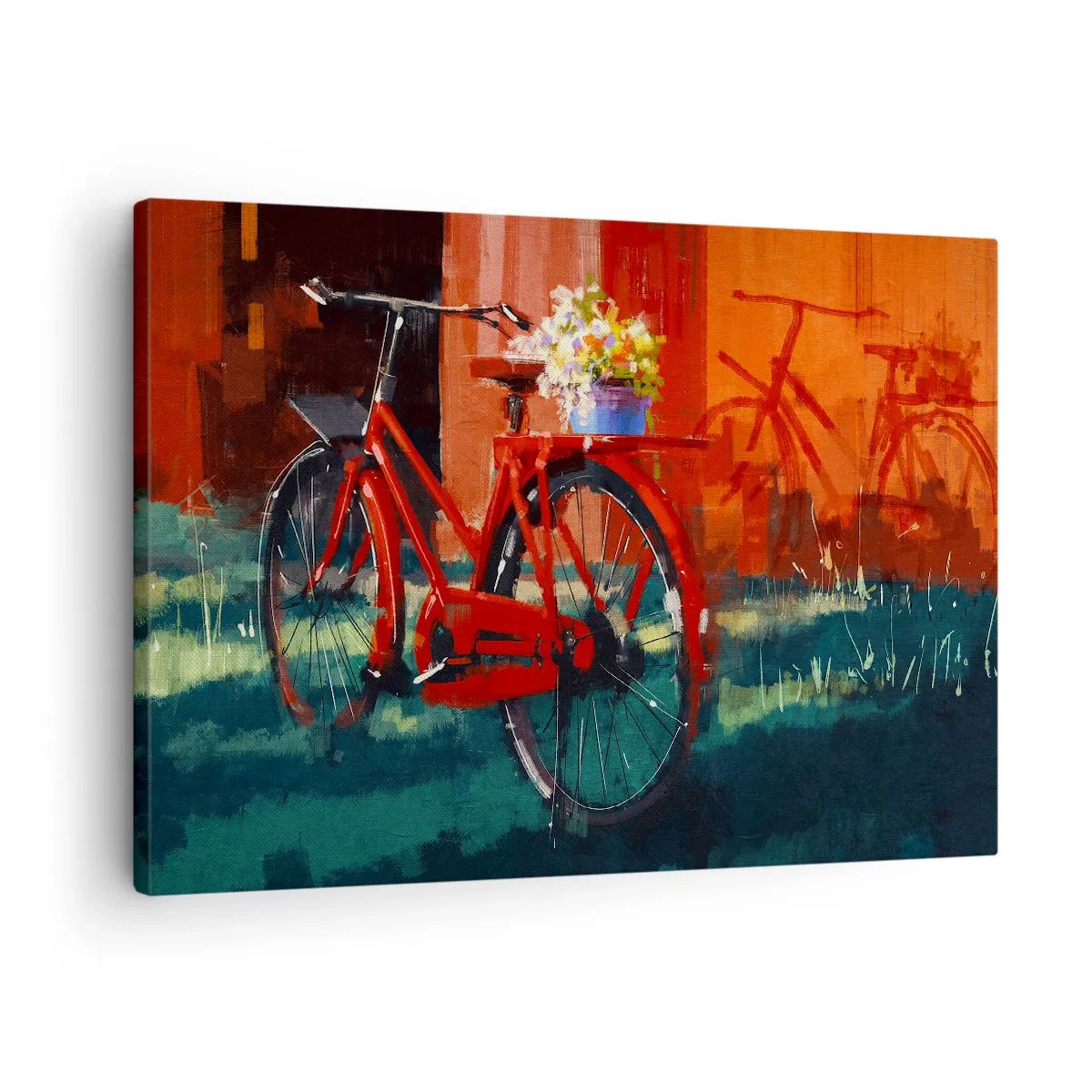 Lærredstryk - Billede på lærred - En rød cykel med blomster mod en orange væg - 70x50cm - I want to ride my bicycle - Moderne vægdekoration til stue og soveværelse ARTTOR