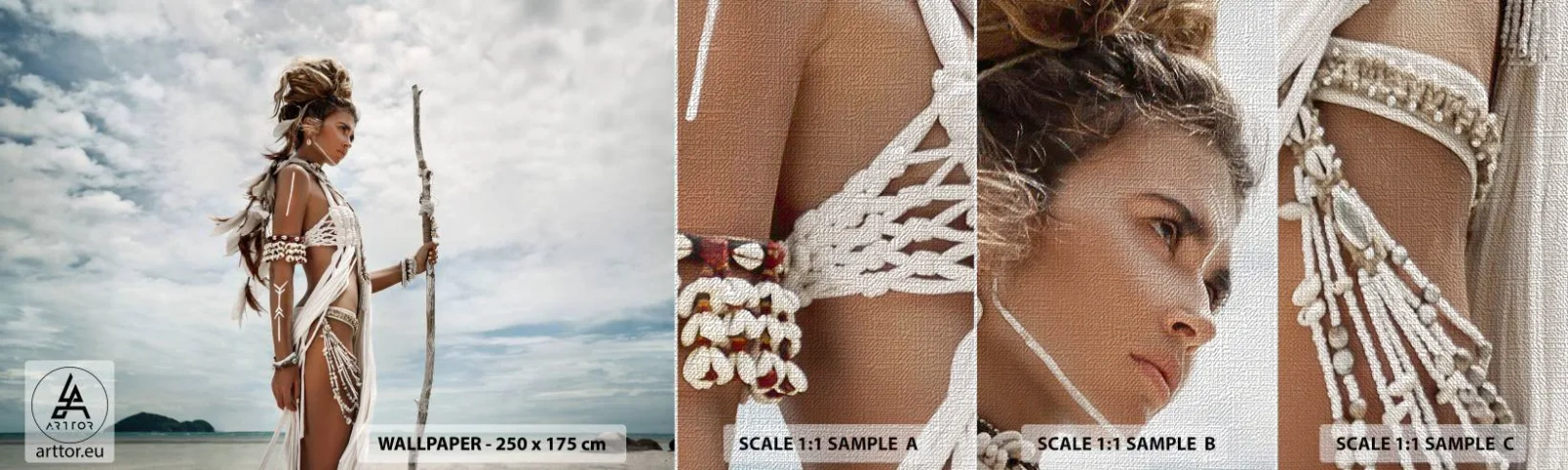 Prøve Fototapet Premium Canvas - Dronning af troperne - Kvinde, Etnisk kjole, Stamme - 100x30 cm