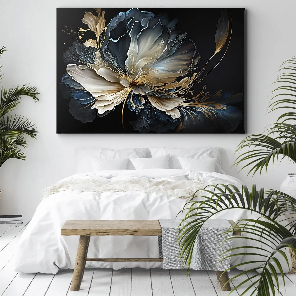 Lærredstryk - Billede på lærred - En blomst i nuancer af guld og marineblå på en sort baggrund - 70x50cm - Eventyrlig bregneblomst - Moderne vægdekoration til stue og soveværelse ARTTOR