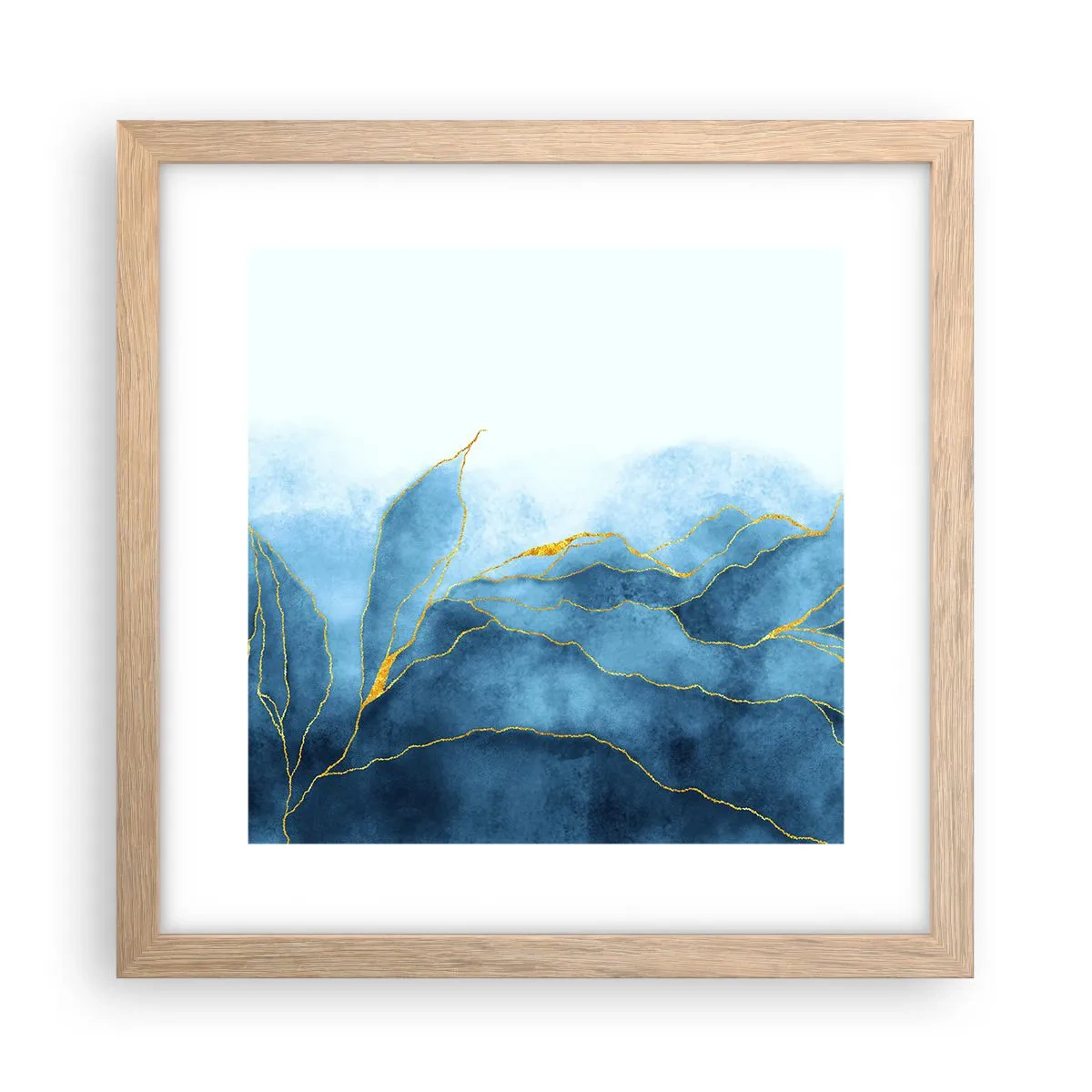 Plakat i ramme af lyst egetræ - Blå i guld - 30x30 cm