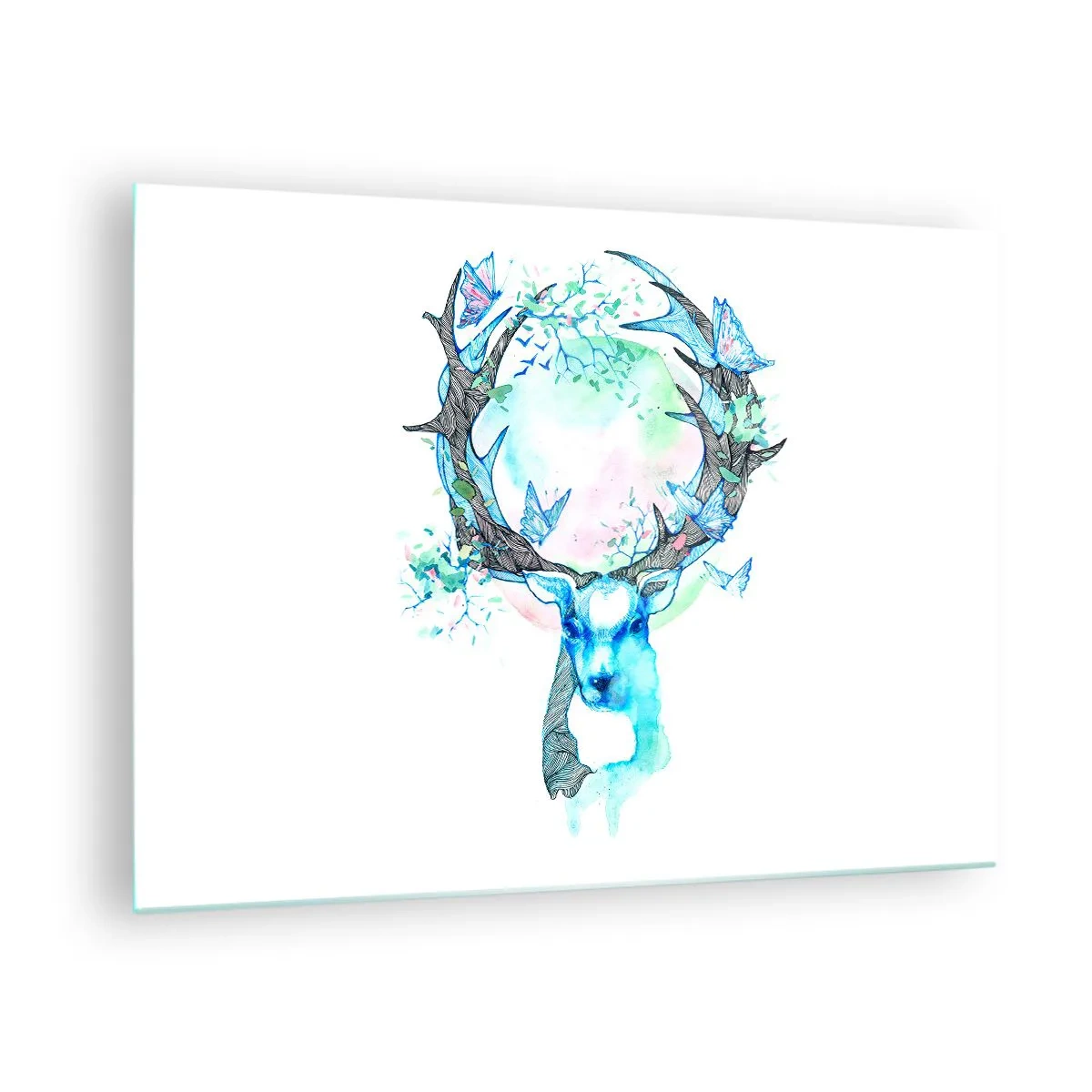 Billede på glas - Illustration af en hjort med sommerfugle på geviret - 70x50cm - Naturens styrke og følsomhed - Moderne vægdekoration til stue og soveværelse ARTTOR