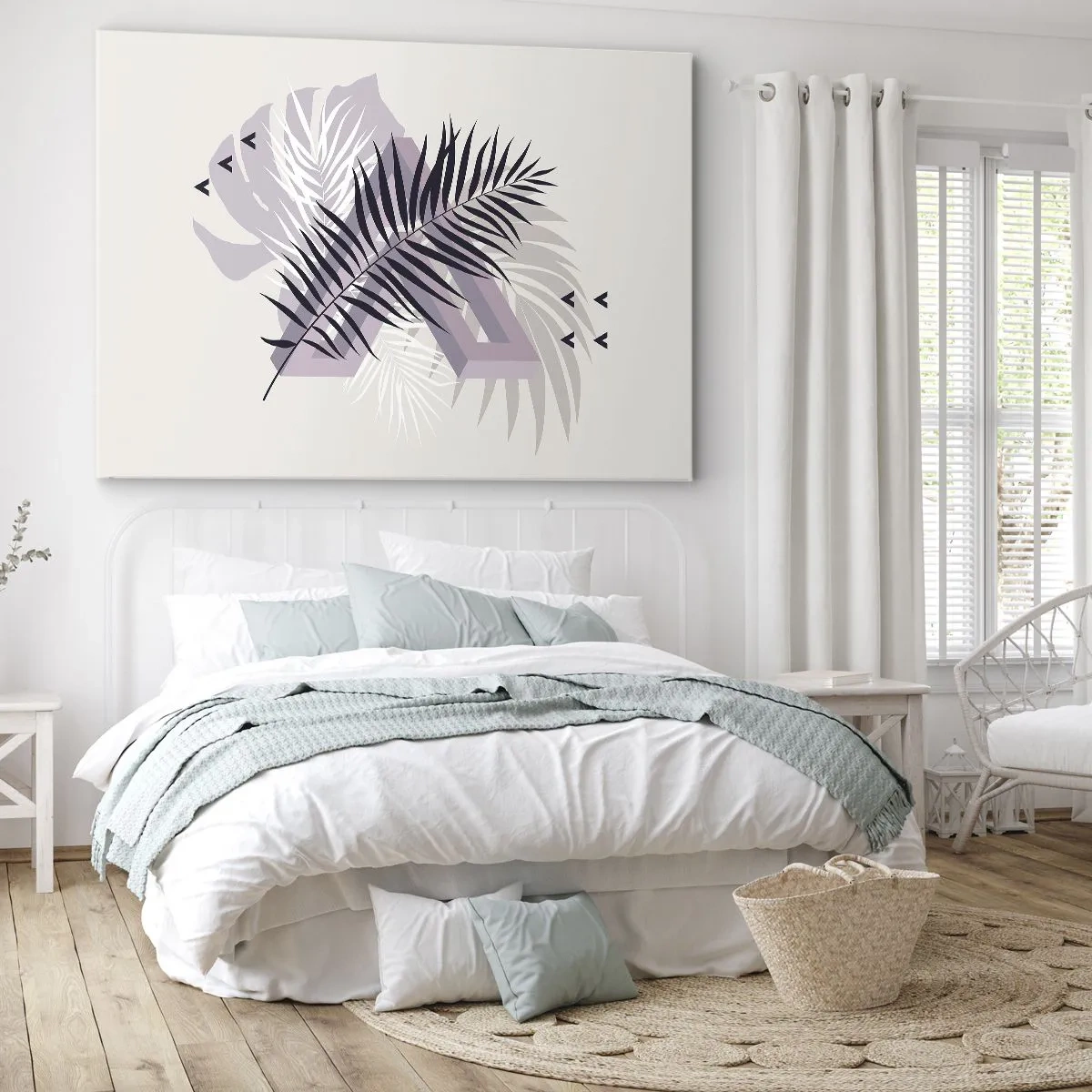 Lærredstryk - Billede på lærred - En minimalistisk komposition med blade og geometriske former - 70x50cm - Skygge af en skygge - Moderne vægdekoration til stue og soveværelse ARTTOR