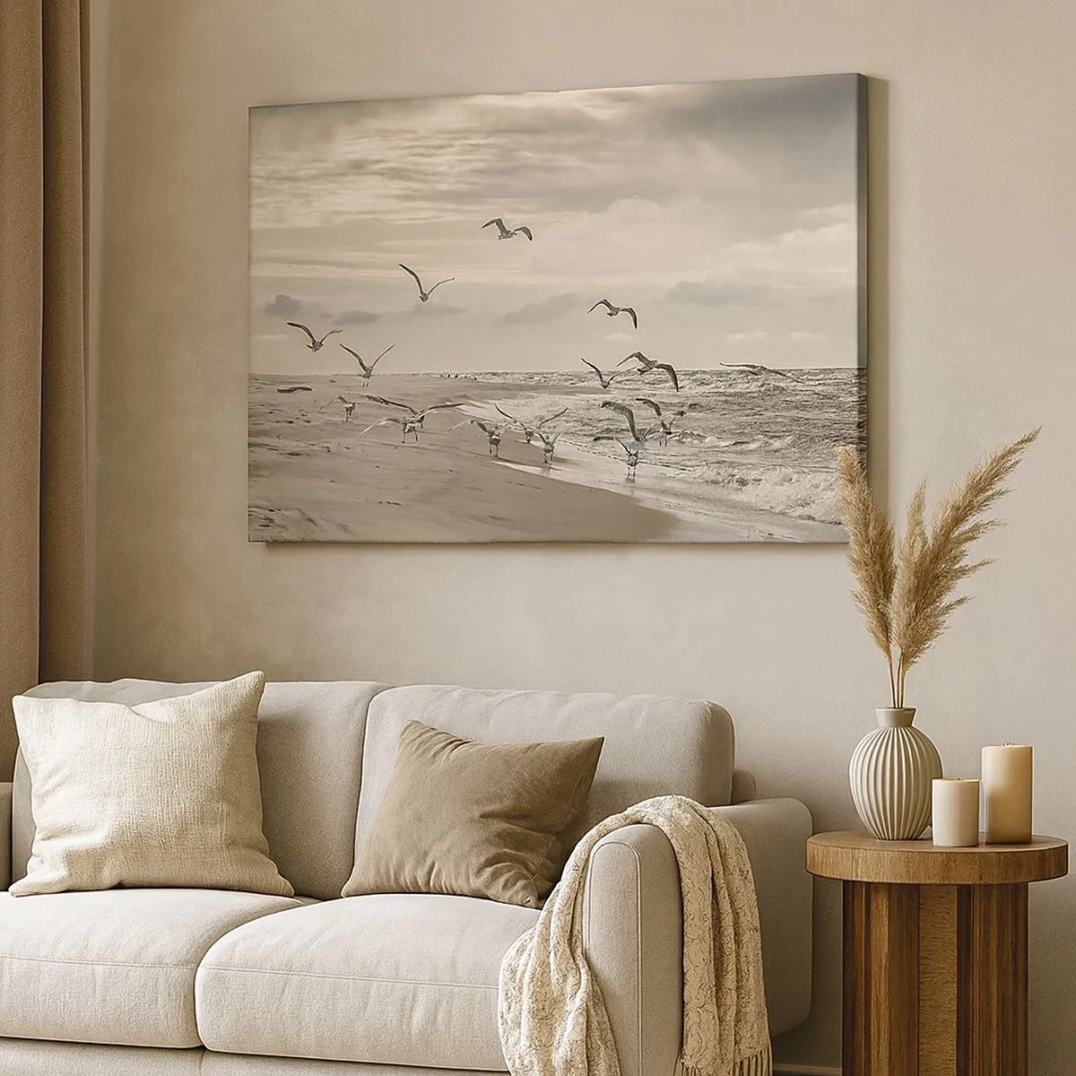 Lærredstryk - Billede på lærred - En måge i flugt over et kystlandskab - 70x50cm - Havet brummer, fuglene synger - Moderne vægdekoration til stue og soveværelse ARTTOR