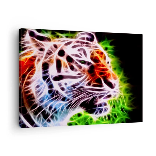 Lærredstryk - Billede på lærred - Farverigt kunstnerisk portræt af en tiger i neonstil på en sort baggrund. - 70x50cm - Farlig aura - Moderne vægdekoration til stue og soveværelse ARTTOR