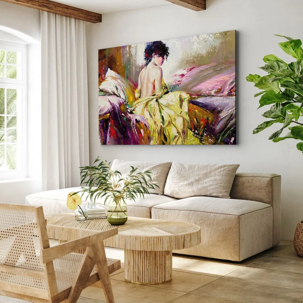Lærredstryk - Billede på lærred - En malerisk scene af en kvinde på en seng i en romantisk atmosfære - 70x50cm - Mellem munden og kanten af