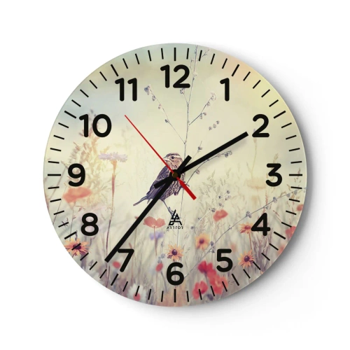 Vægur, Uret - Fugleportræt med en eng i baggrunden - 40x40 cm