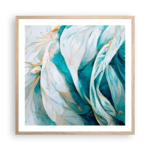 Plakat i ramme af lyst egetræ - Blå abstraktion med et guldmotiv - 60x60 cm