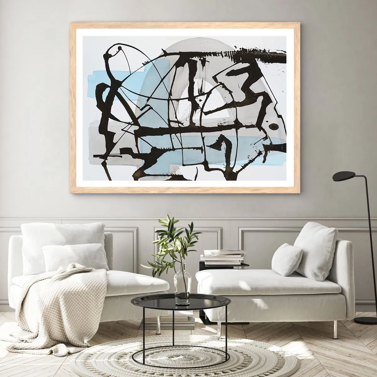 Plakat i ramme af lyst egetræ - Ikke desto mindre blå - 70x50 cm