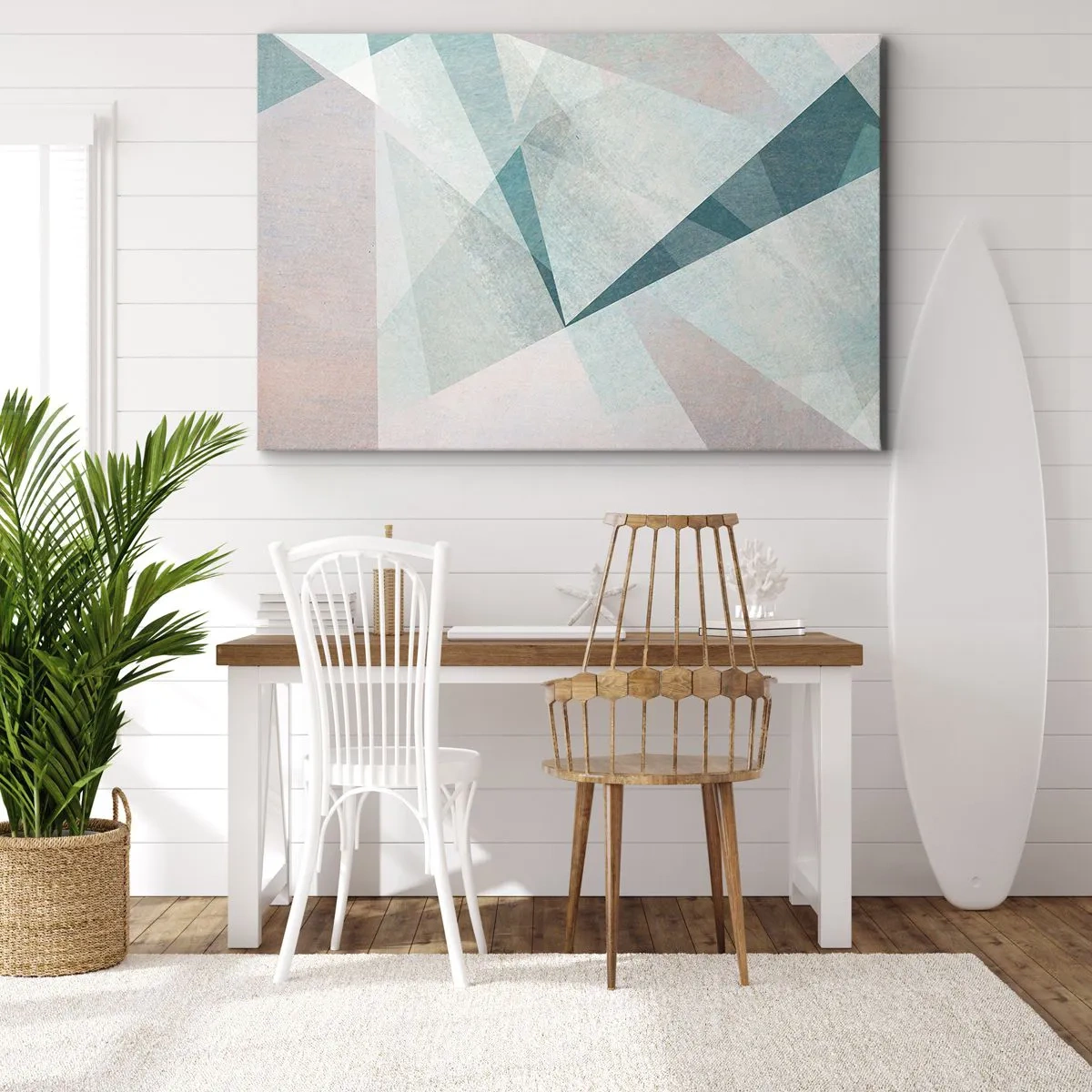 Lærredstryk - Billede på lærred - Geometriske former i pastelfarver af blå og grå - 70x50cm - Rolig og alligevel dynamisk - Moderne vægdekoration til stue og soveværelse ARTTOR