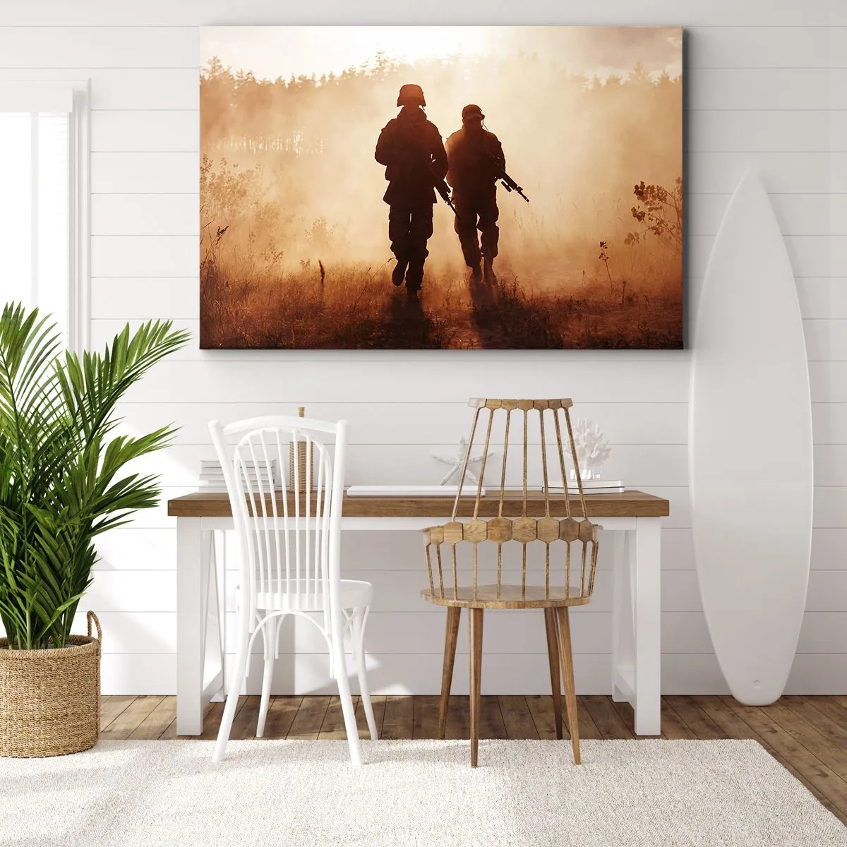 Lærredstryk - Billede på lærred - Soldater marcherer i morgentågen mod en baggrund af naturen - 70x50cm - Call of Duty - Moderne vægdekoration til stue og soveværelse ARTTOR