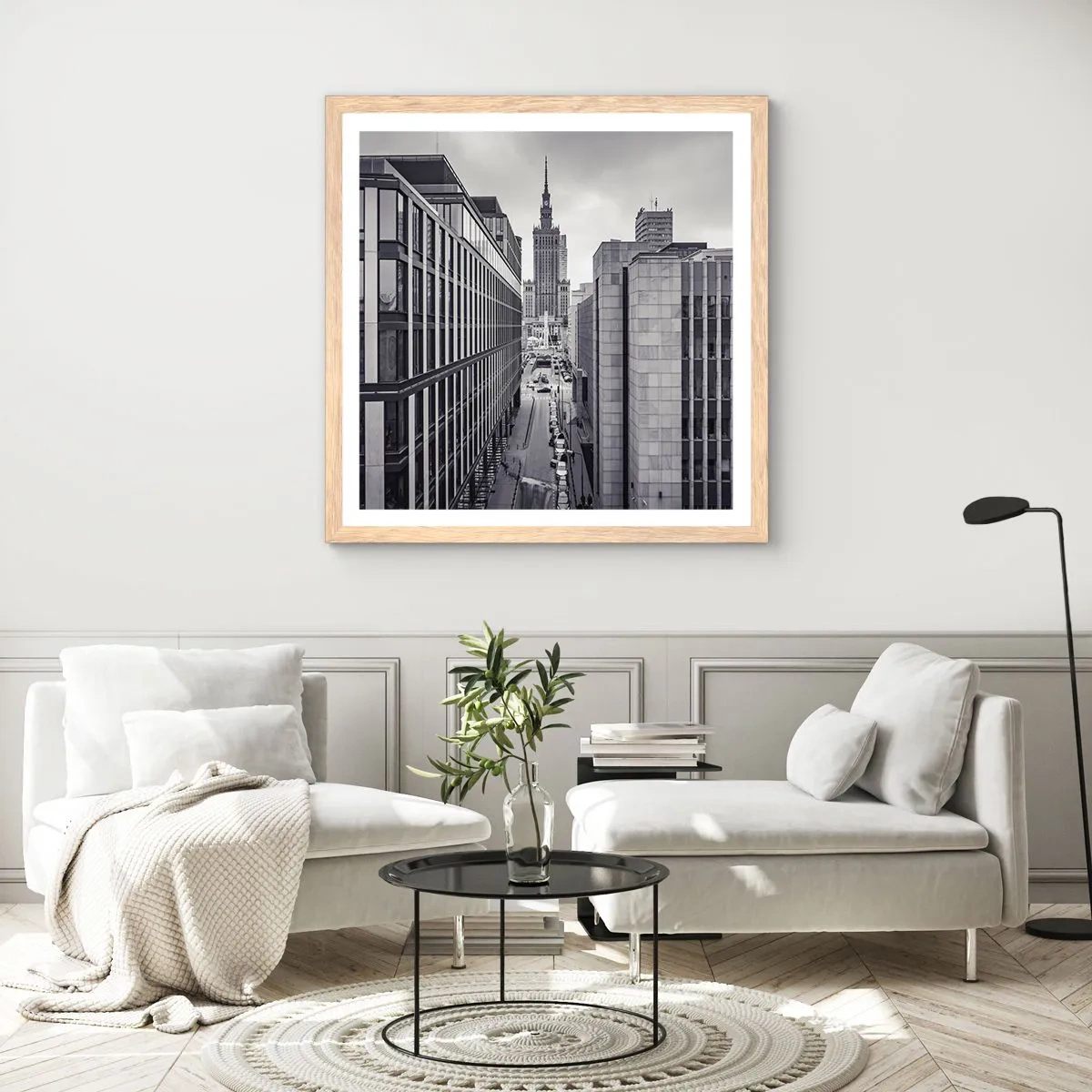 Plakat i ramme af lyst egetræ - Warszawa dalen - 50x50 cm