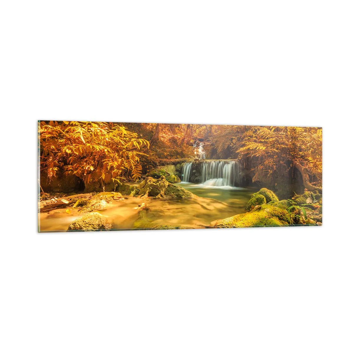 Billede på glas - Skovkaskade i guld - 90x30 cm