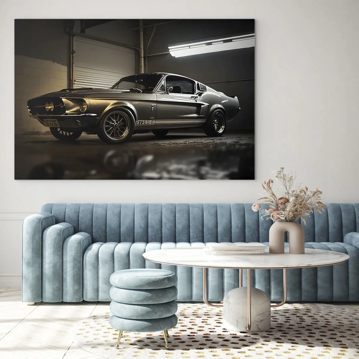 Billede på glas - Klassisk bil i garage under industriel belysning - 70x50cm - Tilbage til fortiden - Moderne vægdekoration til stue og soveværelse ARTTOR