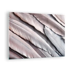 Billede på glas - Nærbillede af pastelfarvede fjer i nuancer af lyserød og sølv - 70x50cm - I lyserødt sølv - Moderne vægdekoration til stue og soveværelse ARTTOR