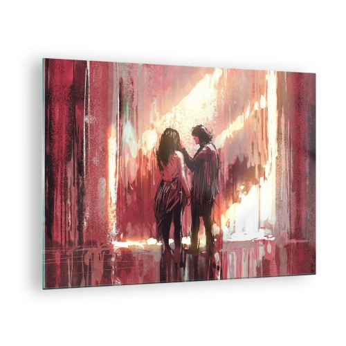Billede på glas - Et par i det varme lys i en abstrakt setting - 70x50cm - Kærlighedens evige skuespil - Moderne vægdekoration til stue og soveværelse ARTTOR