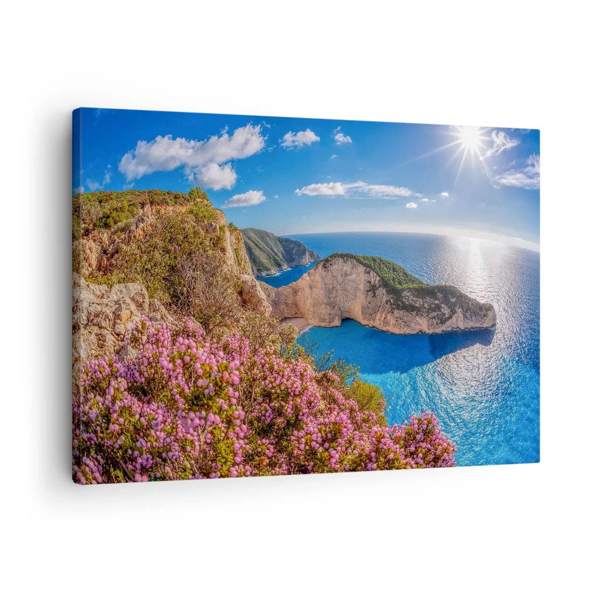 Lærredstryk - Billede på lærred - En klippe med blomster, et turkisblåt hav og et solrigt græsk landskab - 70x50cm - Min store græske ferie - Moderne vægdekoration til stue og soveværelse ARTTOR