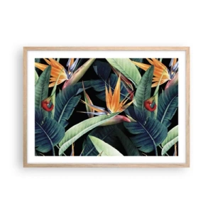 Plakat i ramme af lyst egetræ - Flammeblomster i troperne - 70x50 cm