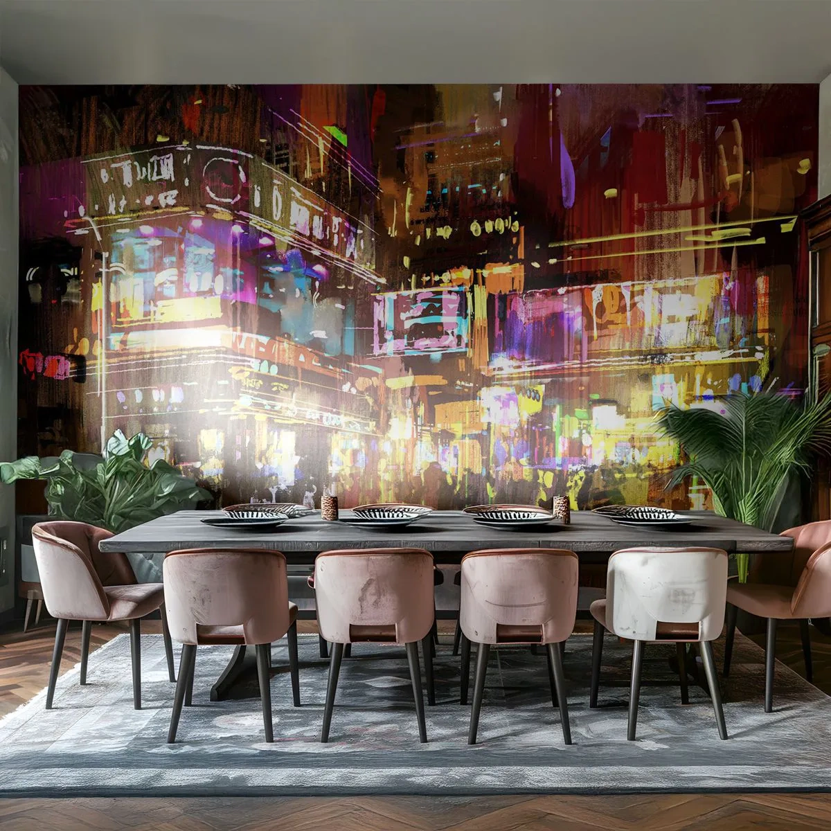 Fototapet Standard Eco - En pulserende by om natten i neonfarver - 100x70cm - I et hav af lys - Moderne vægdekoration til stue og soveværelse ARTTOR