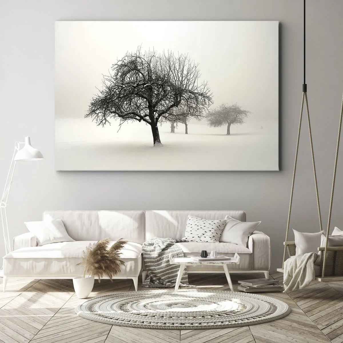 Lærredstryk - Billede på lærred - Træer i en snedækket mark omgivet af tåge - 70x50cm - Vintersøvn - Moderne vægdekoration til stue og soveværelse ARTTOR