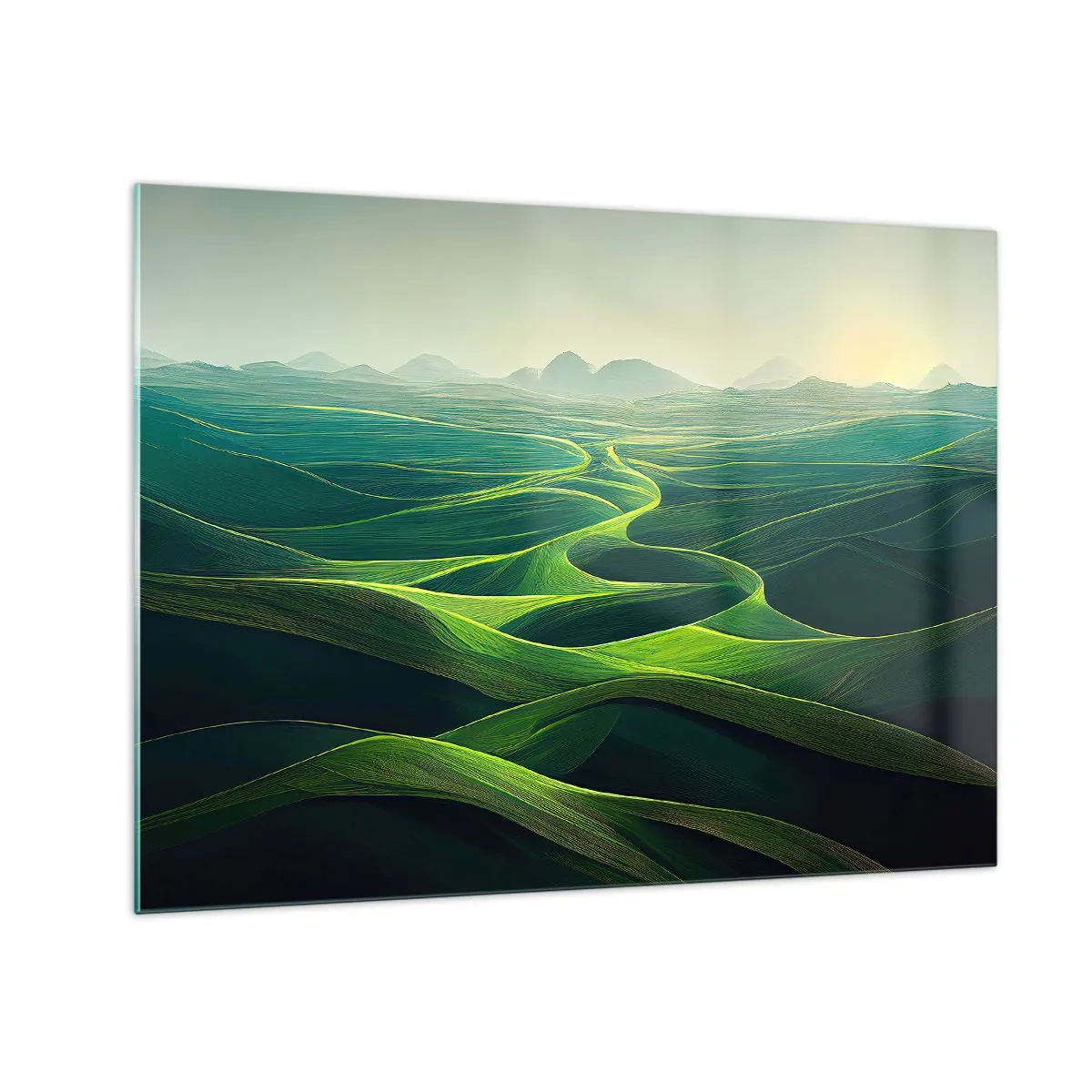 Billede på glas - Grønne bakker og dale oplyst af solens stråler - 70x50cm - I grønne dale - Moderne vægdekoration til stue og soveværelse ARTTOR