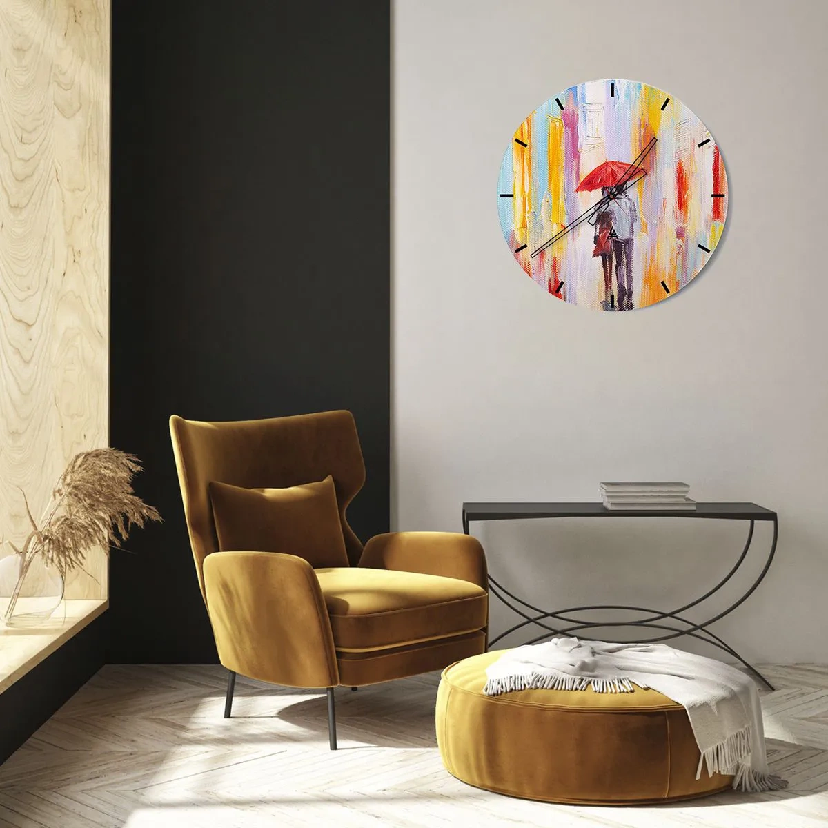 Vægur, Uret - En figur med en rød paraply mod baggrunden af en farverig by - 30x30cm - Lad det regne mere - Moderne vægdekoration til stue, køkken og soveværelse ARTTOR