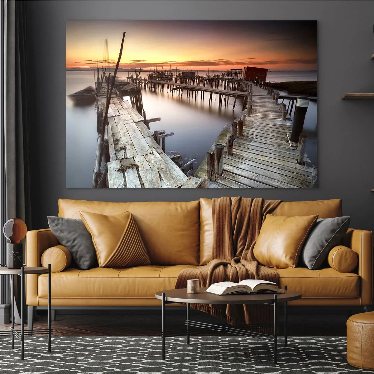 Billede på glas - Træmoler ved solnedgang over en rolig sø - 70x50cm - Autentisk, ikke en turistattrapp - Moderne vægdekoration til stue og soveværelse ARTTOR