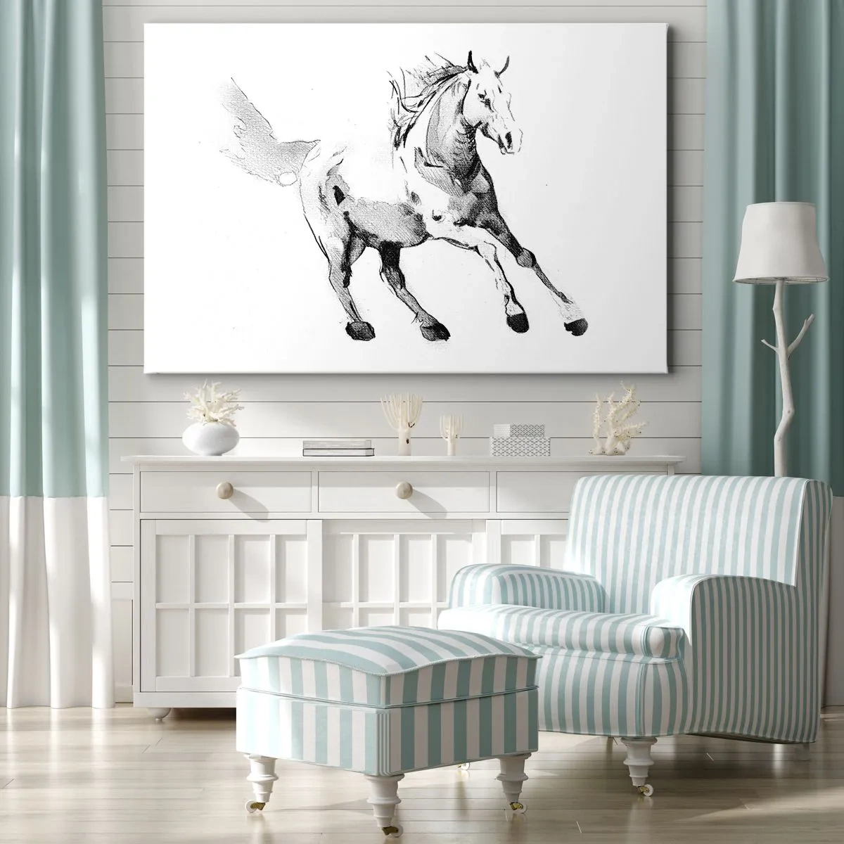 Lærredstryk - Billede på lærred - Skitse af en galoperende hest i sorte og hvide nuancer - 70x50cm - Utæmmet sjæl - Moderne vægdekoration til stue og soveværelse ARTTOR
