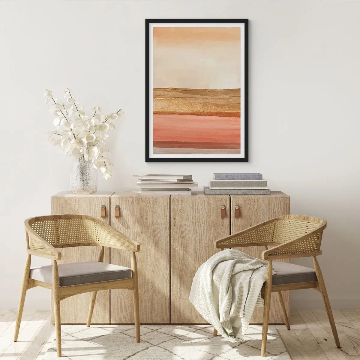 Plakat i sort ramme - En abstrakt komposition i varme nuancer af beige og pink. - 50x70cm - Lodret sammensætning - Moderne vægdekoration til stue og soveværelse ARTTOR