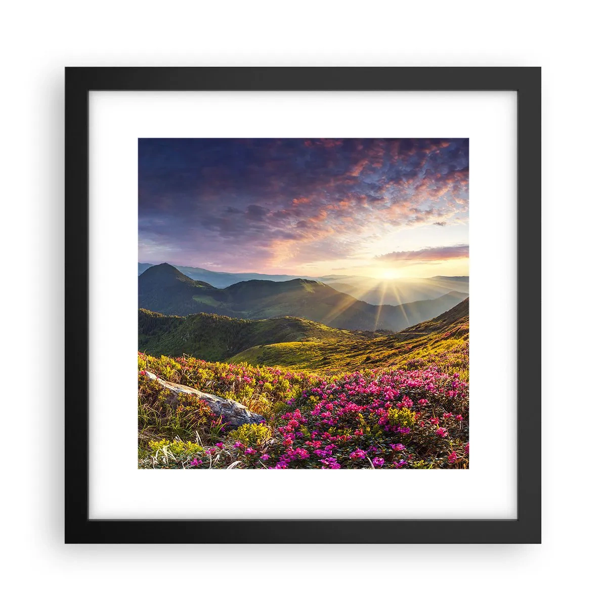 Plakat i sort ramme - Friskheden af en morgen i bjergene - 30x30 cm