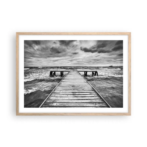 Plakat i ramme af lyst egetræ - Jeg venter på, at vinden blæser væk... - 70x50 cm