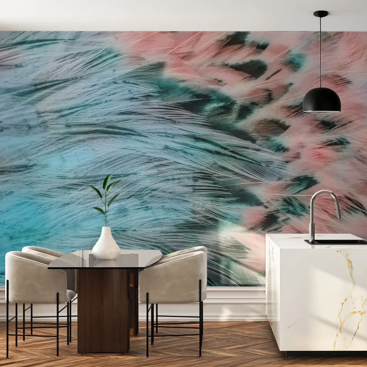Fototapet Selvklæbende Deluxe Sticker - Safir lyserød fnug - Abstraktion, Stykke, Fuglefjer - 500x350 cm