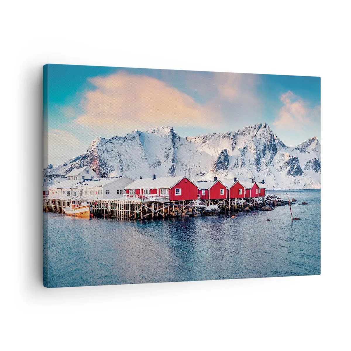 Lærredstryk - Billede på lærred - Røde huse mod baggrunden af snedækkede bjerge og det blå hav - 70x50cm - Nordlig tilbagetrækning - Moderne vægdekoration til stue og soveværelse ARTTOR