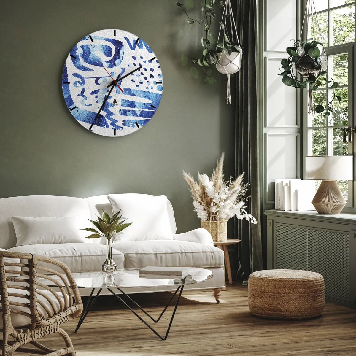 Vægur, Uret - Abstrakte blå mønstre på en hvid baggrund - 30x30cm - Tilbage til rødderne - Moderne vægdekoration til stue, køkken og soveværelse ARTTOR
