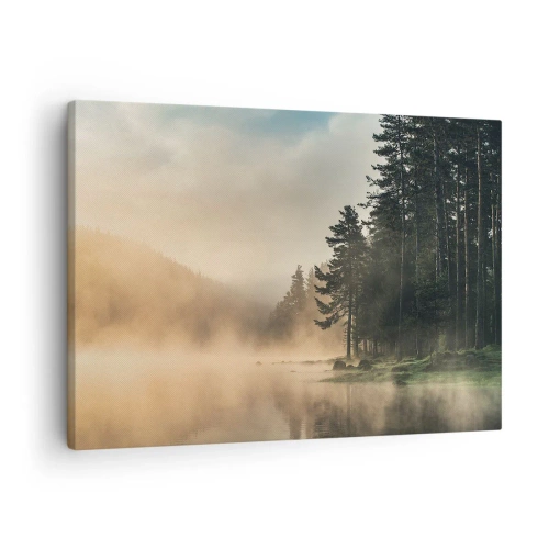 Lærredstryk - Billede på lærred - En tåget skov over en rolig sø - 70x50cm - En dags fødsel - Moderne vægdekoration til stue og soveværelse ARTTOR