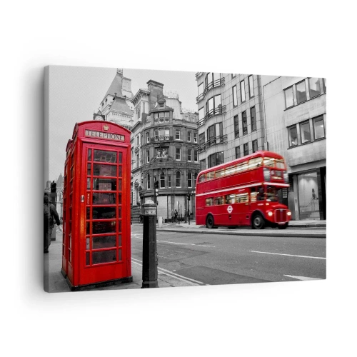 Lærredstryk - Billede på lærred - En rød telefonboks og en dobbeltdækkerbus i London med byen i baggrunden - 70x50cm - Den rødeste i Europa - Moderne vægdekoration til stue og soveværelse ARTTOR