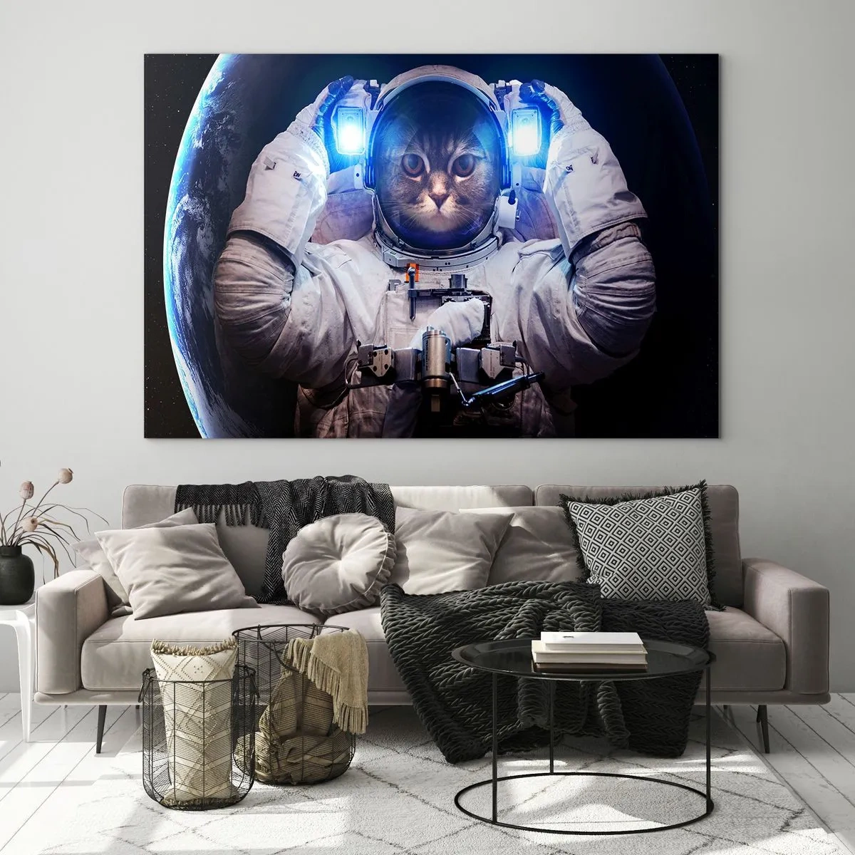 Billede på glas - En kattehovedet kosmonaut i rummet - 70x50cm - Houston, I har et problem - Moderne vægdekoration til stue og soveværelse ARTTOR