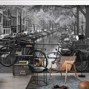 Fototapet Selvklæbende Deluxe Sticker - En meget hollandsk udsigt - Amsterdam, Cykel, Arkitektur - 100x70 cm