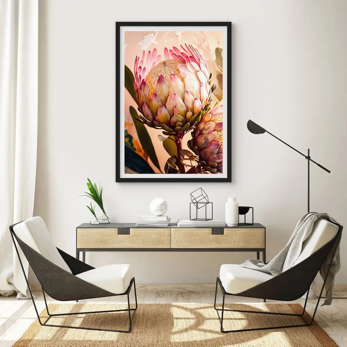 Plakat i sort ramme - Nærbillede af en proteablomst i varme farver - 50x70cm - Ømt omfavnet - Moderne vægdekoration til stue og soveværelse ARTTOR