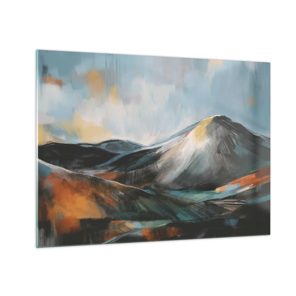 Billede på glas - Et malerisk bjerglandskab i varme og kølige farver - 70x50cm - Rå og smuk - Moderne vægdekoration til stue og soveværelse ARTTOR