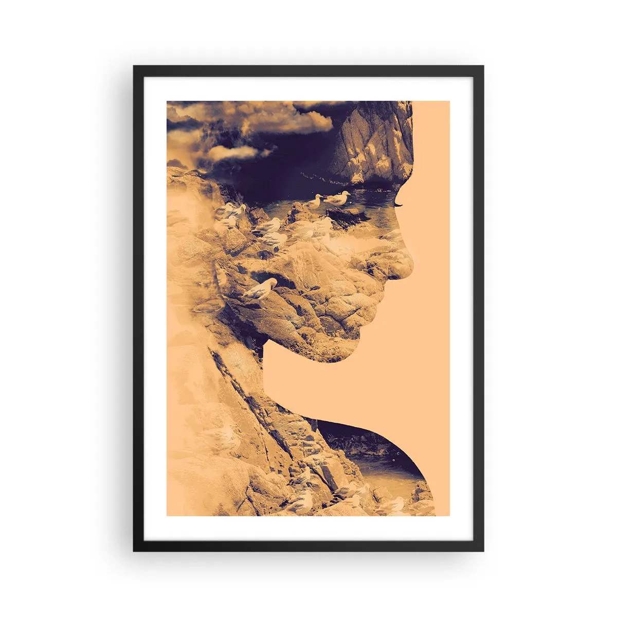 Plakat i sort ramme - Portræt med landskab i dobbelteksponeringsstil - 50x70cm - Smuk af natur - Moderne vægdekoration til stue og soveværelse ARTTOR