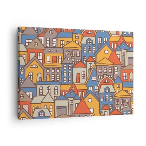 Lærredstryk - Billede på lærred - Farverige huse i grafisk stil på en lys baggrund - 70x50cm - Bag huset - Moderne vægdekoration til stue og soveværelse ARTTOR