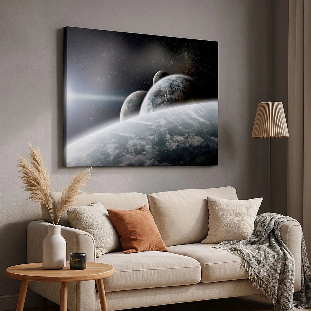 Lærredstryk - Billede på lærred - Planeter i rummet mod baggrunden af stjerner og galakser - 70x50cm - Sfærernes kosmiske musik - Moderne vægdekoration til stue og soveværelse ARTTOR