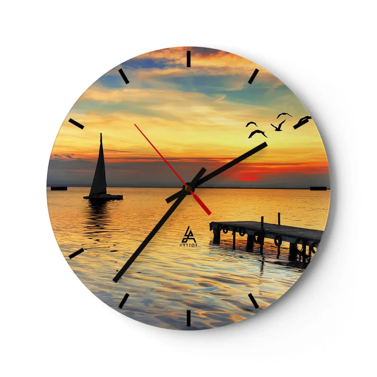 Vægur, Uret - Yacht ved solnedgang med mole og fugle - 30x30cm - Returnering om aftenen - Moderne vægdekoration til stue, køkken og soveværelse ARTTOR