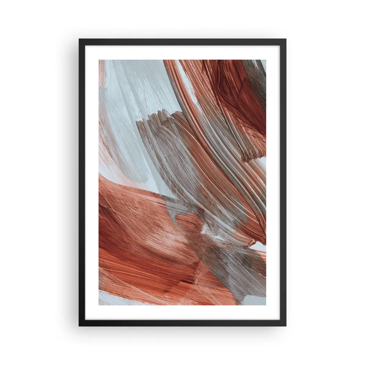 Plakat i sort ramme - Dynamiske penselstrøg i varme toner - 50x70cm - Efterårsagtig og blæsende abstraktion - Moderne vægdekoration til stue og soveværelse ARTTOR
