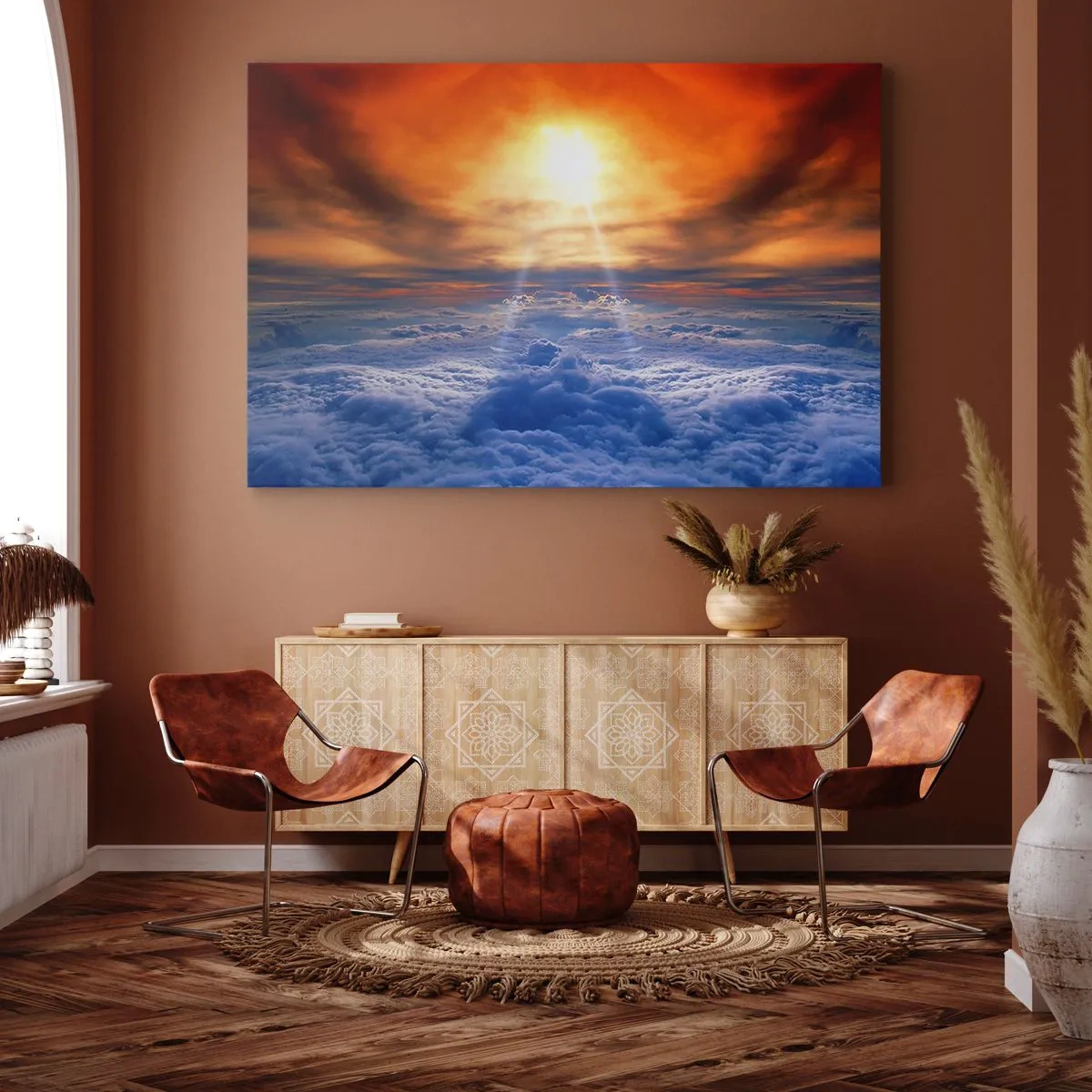 Lærredstryk - Billede på lærred - Solnedgang over skyerne, himlen fuld af gyldne farver og lys. - 70x50cm - Mystisk landskab - Moderne vægdekoration til stue og soveværelse ARTTOR