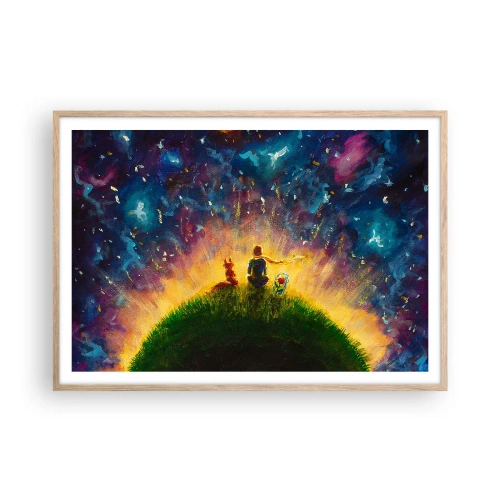 Plakat i ramme af lyst egetræ - Kærlighed og venskab - hele verden - 100x70 cm