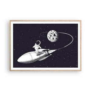 Plakat i ramme af lyst egetræ - Space surfer - 100x70 cm