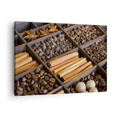 Lærredstryk - Billede på lærred - Krydderier og kaffe i trærum - 70x50cm - Et skatkammer af aromaer - Moderne vægdekoration til stue og soveværelse ARTTOR