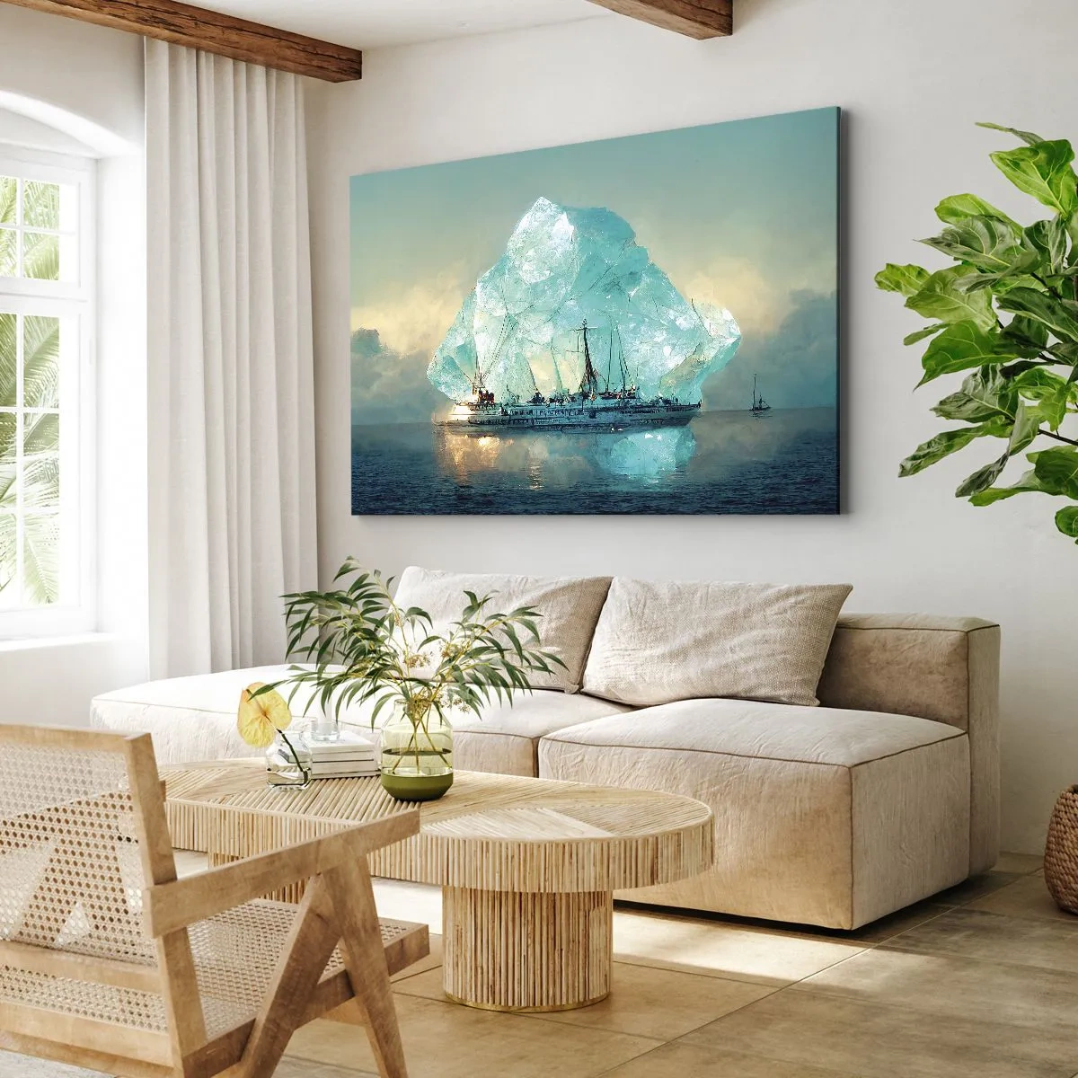 Lærredstryk - Billede på lærred - Et skib med et majestætisk isbjerg i baggrunden - 70x50cm - Arktisk diamant - Moderne vægdekoration til stue og soveværelse ARTTOR
