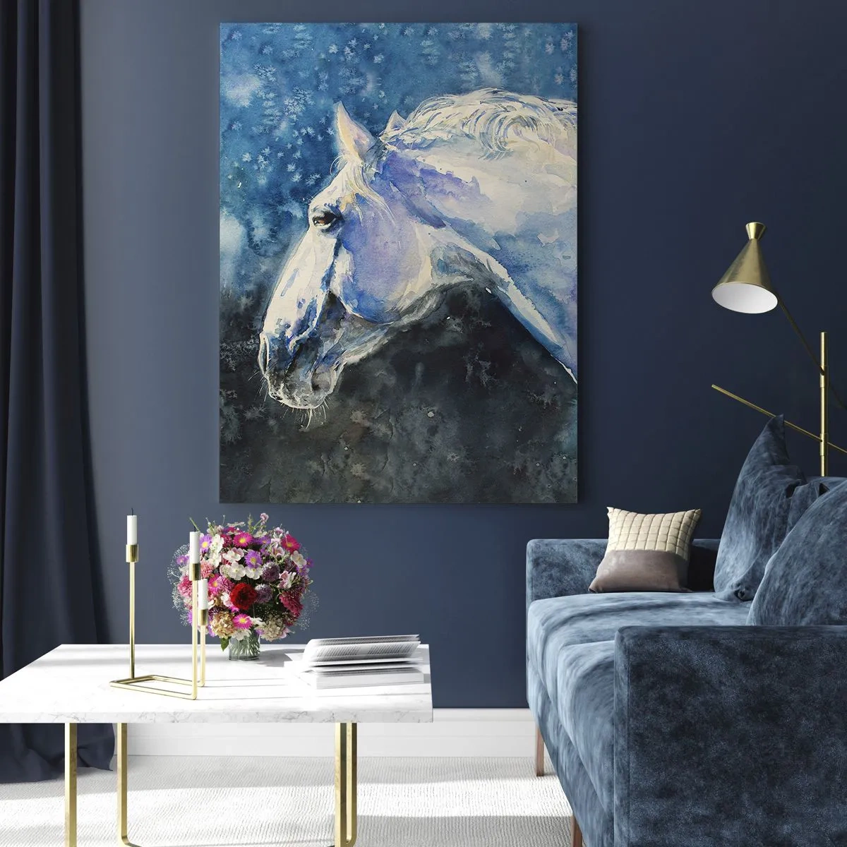 Billede på glas - Portræt i et blåt skær - 70x100 cm